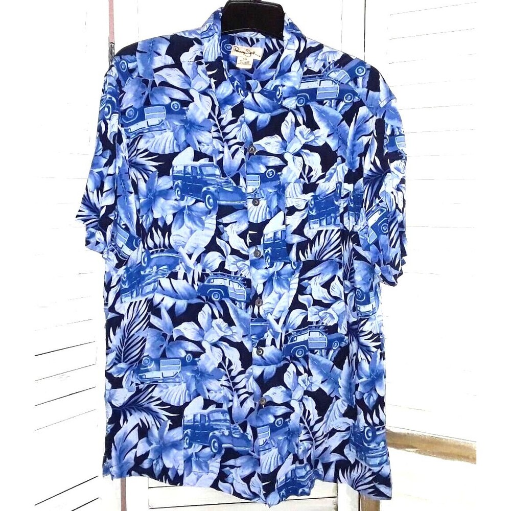 Hawaiian Button Up Men's Shirt Size Large Short Sleeve Vintage Car Blue Floral